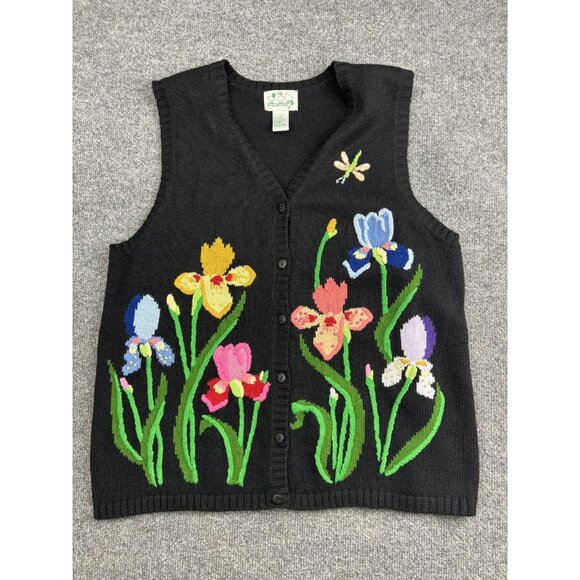 Quacker Factory Sweater Vest Womens Large Floral Knit Cardigan Colorful Flowers - Picture 1 of 6